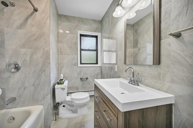 541 Broadway, Monticello, NY 12701 - bathroom featuring tile walls, vanity, toilet, washtub / shower combination, and baseboard heating