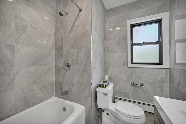 541 Broadway, Monticello, NY 12701 - bathroom with a baseboard radiator, tile walls, toilet, shower / tub combination, and vanity