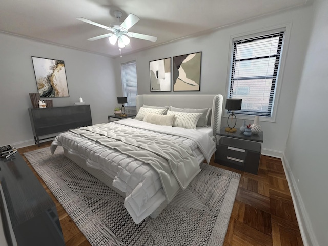 bedroom featuring baseboards, multiple windows, and ceiling fan