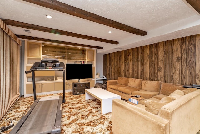 1692 N Gate, Merrick, NY 11566 - carpeted living area featuring wooden walls, beam ceiling, a textured ceiling, and recessed lighting