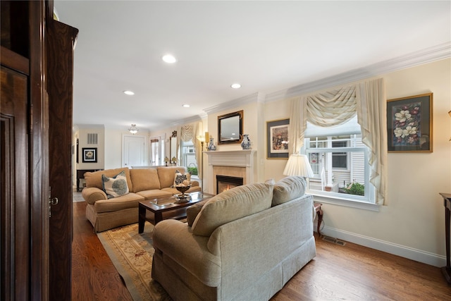 7 White Oak Ct Unit 7, Coram, NY 11727 - living area with healthy amount of natural light, a warm lit fireplace, baseboards, crown molding, and recessed lighting