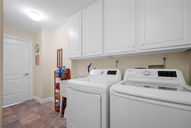 7 White Oak Ct Unit 7, Coram, NY 11727 - laundry room with cabinet space, washer and clothes dryer, baseboards, and stone finish flooring