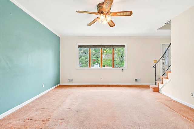spare room with carpet floors, crown molding, a ceiling fan, baseboards, and stairs
