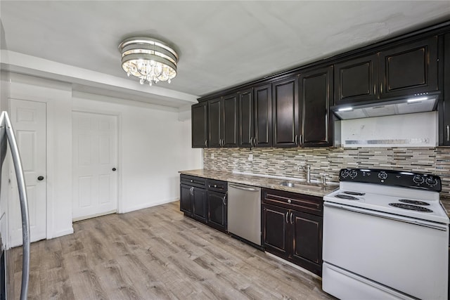 54 Oakdale Ave, Selden, NY 11784 - kitchen featuring white electric range, stainless steel dishwasher, a sink, tasteful backsplash, and a chandelier
