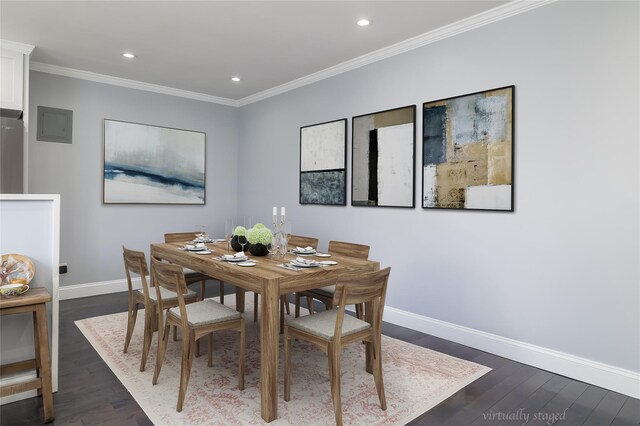 dining area featuring baseboards, crown molding, dark wood-type flooring, and recessed lighting