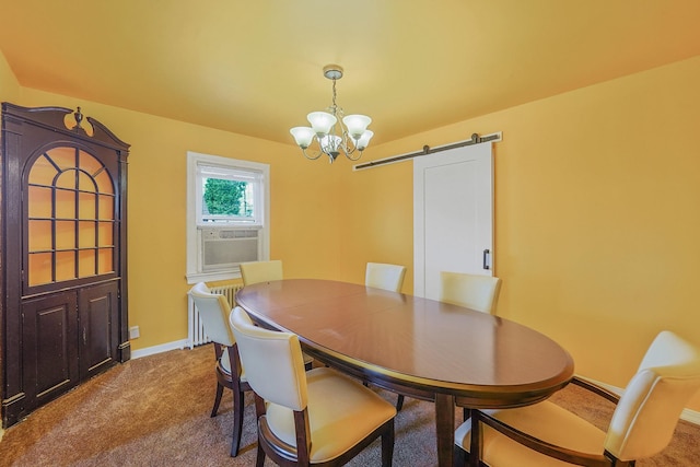 66 Elmwood Ave, Hempstead, NY 11550 - carpeted dining room featuring a chandelier, a barn door, baseboards, and cooling unit