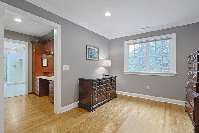 1988 Beekman Ct, Yorktown Heights, NY 10598 - bedroom featuring light wood finished floors, baseboards, ornamental molding, an office area, and recessed lighting
