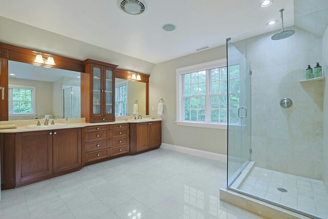 1988 Beekman Ct, Yorktown Heights, NY 10598 - full bathroom with a shower stall, baseboards, double vanity, recessed lighting, and tile patterned floors