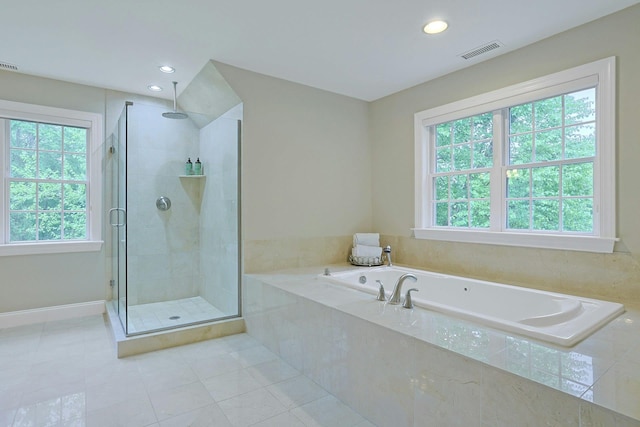 1988 Beekman Ct, Yorktown Heights, NY 10598 - full bathroom featuring a shower stall, tile patterned flooring, a bath, recessed lighting, and baseboards