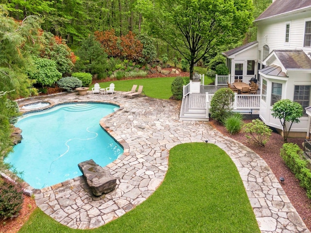 1988 Beekman Ct, Yorktown Heights, NY 10598 - swimming pool featuring a patio area, a wooden deck, and a lawn