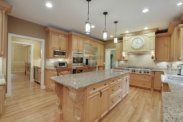 1988 Beekman Ct, Yorktown Heights, NY 10598 - kitchen featuring built in appliances, a sink, backsplash, light wood-style floors, and recessed lighting