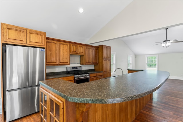 5105-5103 Rte 82, Salt Point, NY 12578 - kitchen with appliances with stainless steel finishes, a sink, lofted ceiling, dark countertops, and a large island