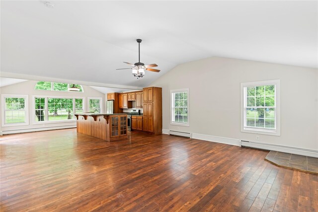 5105-5103 Rte 82, Salt Point, NY 12578 - unfurnished living room with a baseboard heating unit, dark wood finished floors, a baseboard radiator, ceiling fan, and vaulted ceiling