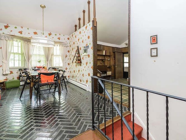 36 Lisa Dr, Dix Hills, NY 11746 - dining room featuring a baseboard radiator, brick flooring, wallpapered walls, baseboards, and lofted ceiling
