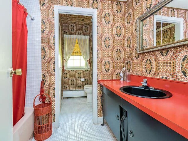 36 Lisa Dr, Dix Hills, NY 11746 - full bath featuring toilet, tile patterned floors, a baseboard radiator, and vanity