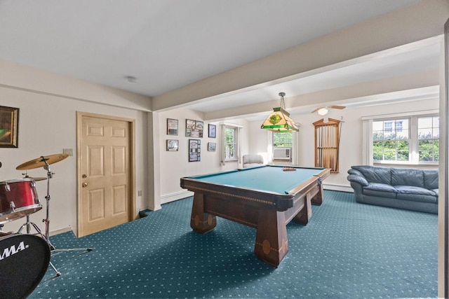 playroom featuring carpet floors, billiards table, baseboards, and healthy amount of natural light