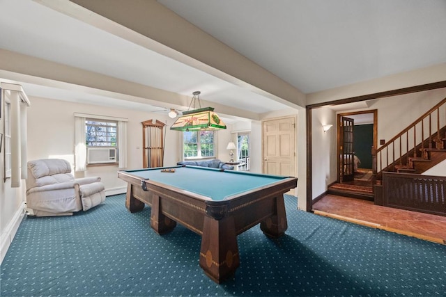 game room featuring carpet floors, billiards table, baseboards, and cooling unit
