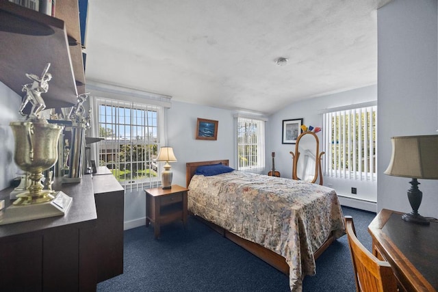 bedroom with baseboards, baseboard heating, carpet floors, and vaulted ceiling