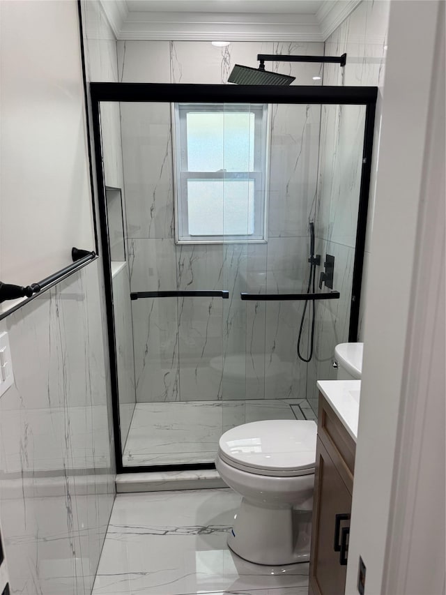 9 Henry St, Wyandanch, NY 11798 - full bath with marble finish flooring, toilet, vanity, crown molding, and a marble finish shower