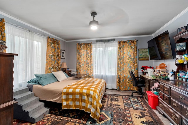 45 Proctor Rd, Eldred, NY 12732 - bedroom with ornamental molding, an office area, wood finished floors, and a ceiling fan