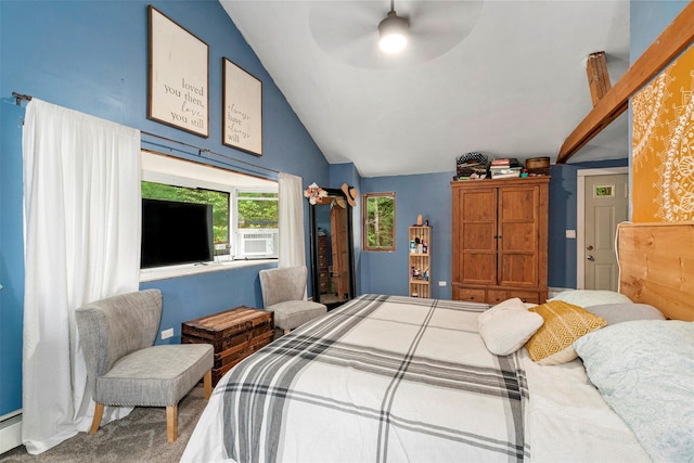 45 Proctor Rd, Eldred, NY 12732 - bedroom featuring vaulted ceiling, carpet, a baseboard radiator, and a ceiling fan