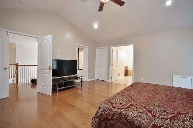 622 Creekside Ln, Fishkill, NY 12524 - bedroom featuring wood finished floors, lofted ceiling, recessed lighting, ensuite bath, and ceiling fan