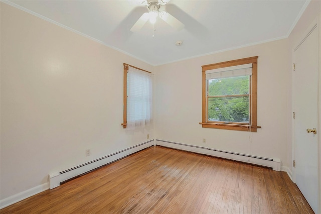 155 Woodbury Rd, Huntington, NY 11743 - unfurnished room with light wood-type flooring, a baseboard radiator, crown molding, a ceiling fan, and baseboards