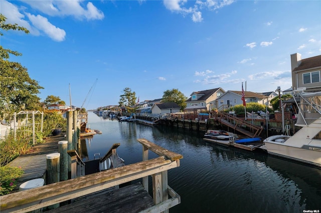 dock area with a water view and a residential view