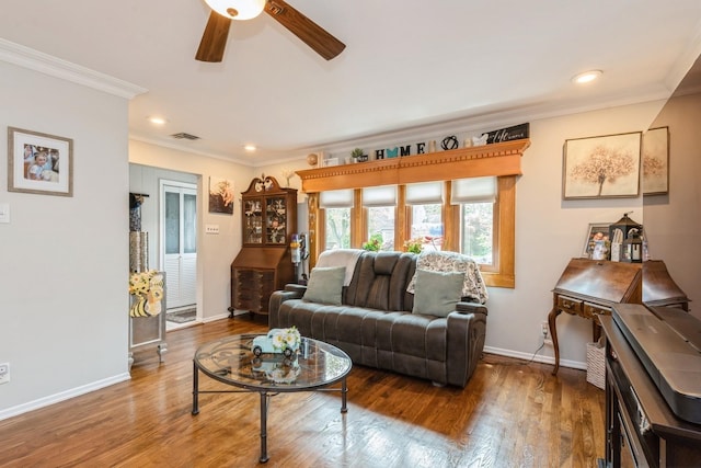 75 Massachusetts Ave, Massapequa, NY 11758 - living room with ornamental molding, ceiling fan, baseboards, wood finished floors, and recessed lighting