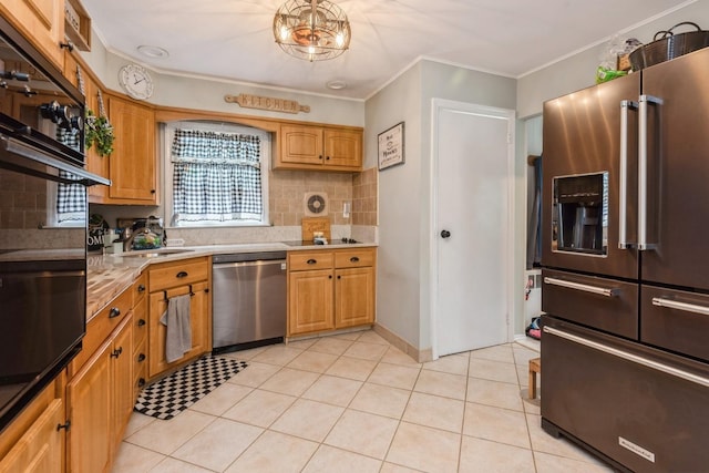 75 Massachusetts Ave, Massapequa, NY 11758 - kitchen with appliances with stainless steel finishes, light countertops, backsplash, a sink, and crown molding