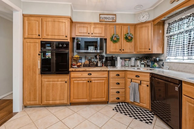 75 Massachusetts Ave, Massapequa, NY 11758 - kitchen featuring black appliances, a sink, crown molding, and light tile patterned floors