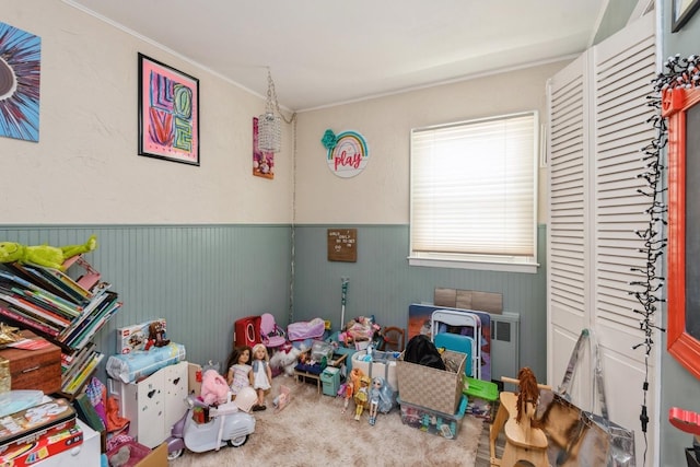 75 Massachusetts Ave, Massapequa, NY 11758 - rec room with a wainscoted wall, ornamental molding, and carpet