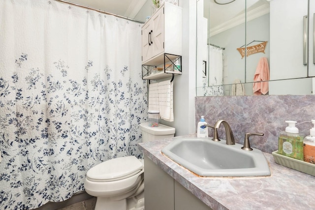 75 Massachusetts Ave, Massapequa, NY 11758 - bathroom featuring crown molding, toilet, decorative backsplash, vanity, and a shower with curtain