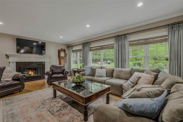 living area featuring ornamental molding, a glass covered fireplace, recessed lighting, and wood finished floors