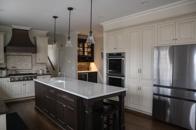 kitchen with stainless steel appliances, a sink, premium range hood, tasteful backsplash, and dark wood-type flooring