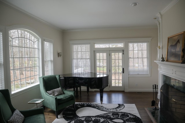 living area featuring dark wood finished floors, crown molding, a high end fireplace, baseboards, and french doors