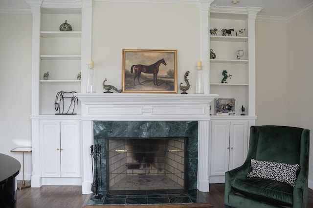 detailed view of built in shelves, a premium fireplace, wood finished floors, and ornamental molding