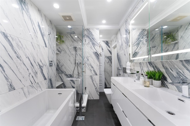 full bathroom with tile walls, a marble finish shower, a tub to relax in, toilet, and double vanity