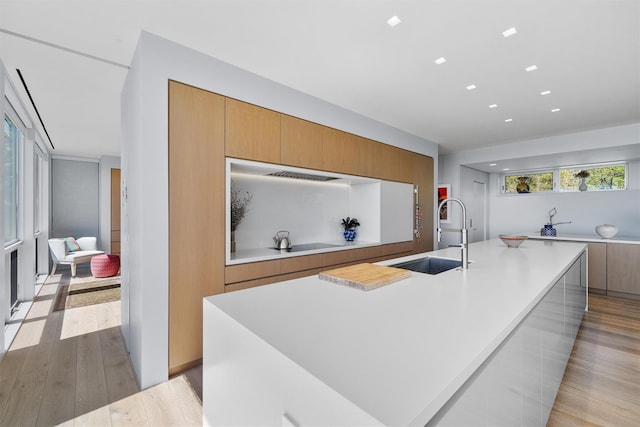 26 Mount Green Rd, Croton-On-Hudson, NY 10520 - kitchen with a sink, modern cabinets, light countertops, light wood finished floors, and recessed lighting