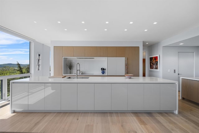 26 Mount Green Rd, Croton-On-Hudson, NY 10520 - kitchen with a sink, modern cabinets, light countertops, light wood-style flooring, and a wall of windows