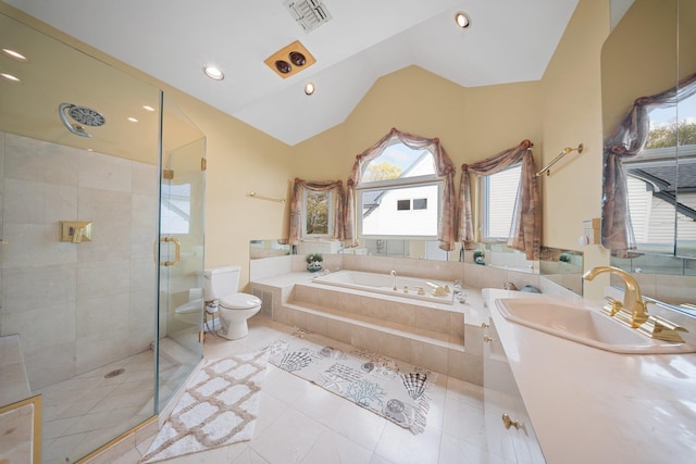 9 Fairwind Ct, Oakdale, NY 11769 - bathroom with a garden tub, toilet, a shower stall, lofted ceiling, and tile patterned flooring