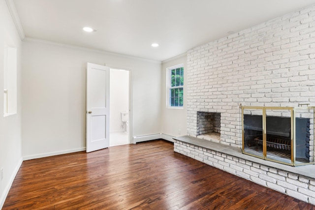 8 Mill Lot Rd, Middle Island, NY 11953 - unfurnished living room featuring ornamental molding, a fireplace, wood finished floors, a baseboard radiator, and baseboards