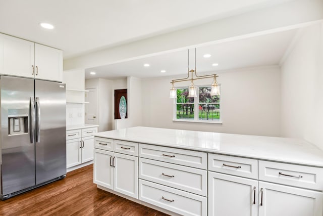 8 Mill Lot Rd, Middle Island, NY 11953 - kitchen featuring stainless steel fridge with ice dispenser, recessed lighting, white cabinets, dark wood-style floors, and open shelves