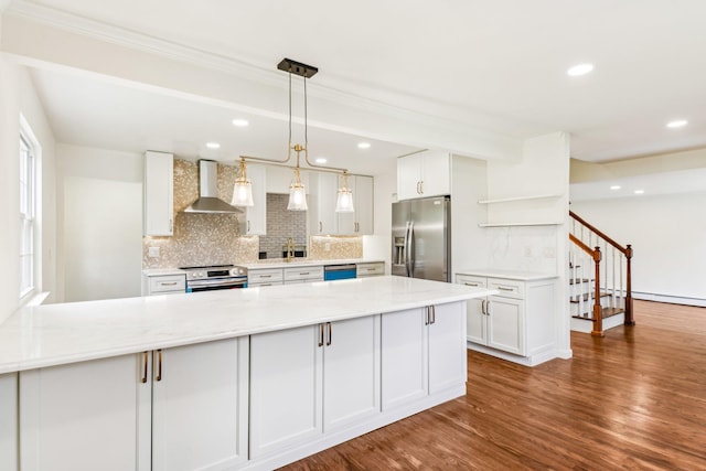8 Mill Lot Rd, Middle Island, NY 11953 - kitchen with appliances with stainless steel finishes, wall chimney range hood, open shelves, decorative backsplash, and recessed lighting