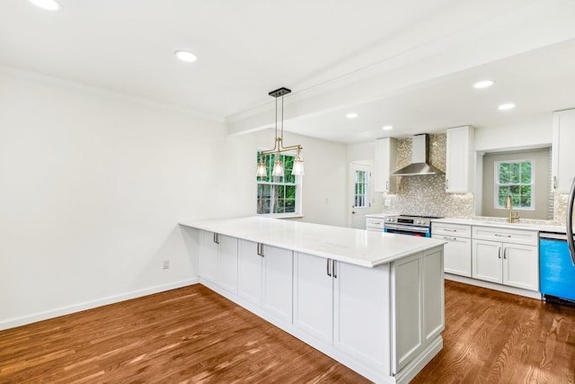 8 Mill Lot Rd, Middle Island, NY 11953 - kitchen featuring wall chimney exhaust hood, stainless steel range oven, ornamental molding, a sink, and backsplash