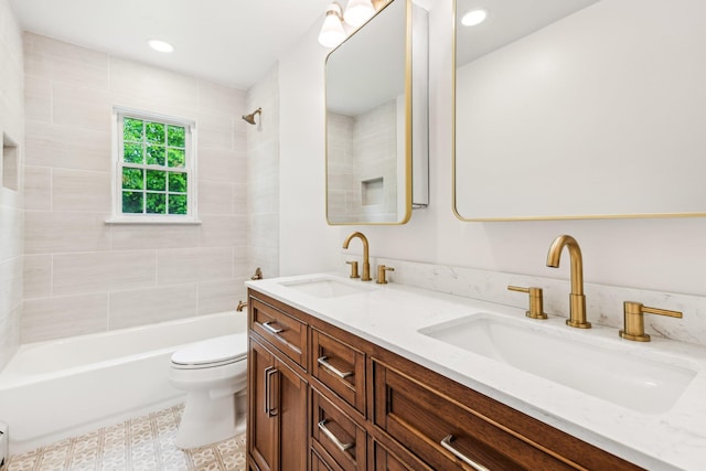 8 Mill Lot Rd, Middle Island, NY 11953 - full bathroom featuring double vanity, toilet, shower / bath combination, baseboard heating, and recessed lighting