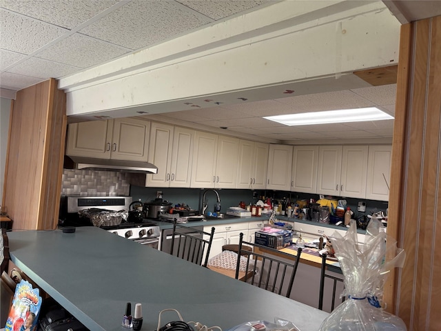 6 Annette Ln, East Moriches, NY 11940 - kitchen with a drop ceiling, under cabinet range hood, stainless steel range with gas stovetop, backsplash, and a sink