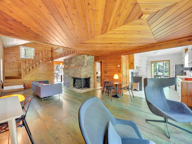60 Park Road Ext, Eldred, NY 12792 - dining space with wooden ceiling, wood walls, hardwood / wood-style floors, healthy amount of natural light, and vaulted ceiling