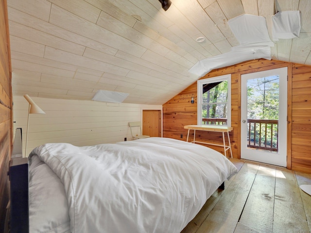 60 Park Road Ext, Eldred, NY 12792 - bedroom with wood walls, access to exterior, vaulted ceiling, wood finished floors, and wooden ceiling