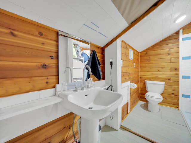 60 Park Road Ext, Eldred, NY 12792 - bathroom with lofted ceiling, toilet, and wood walls